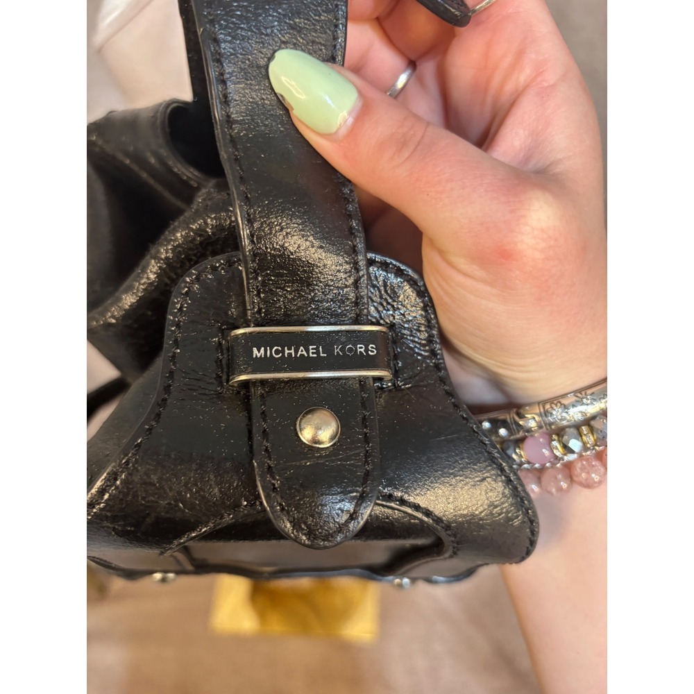 Michael Kors Black Leather Satchel Bag Silver Tone Hardware MK‎ Logo Handbag - Picture 4 of 8